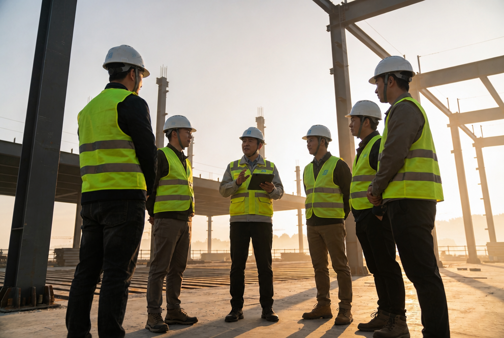 Crew gathered for a morning huddle at dawn
