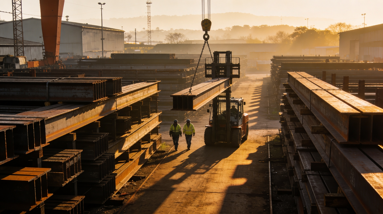 Steel yard at dawn, beams stacked in long warm light