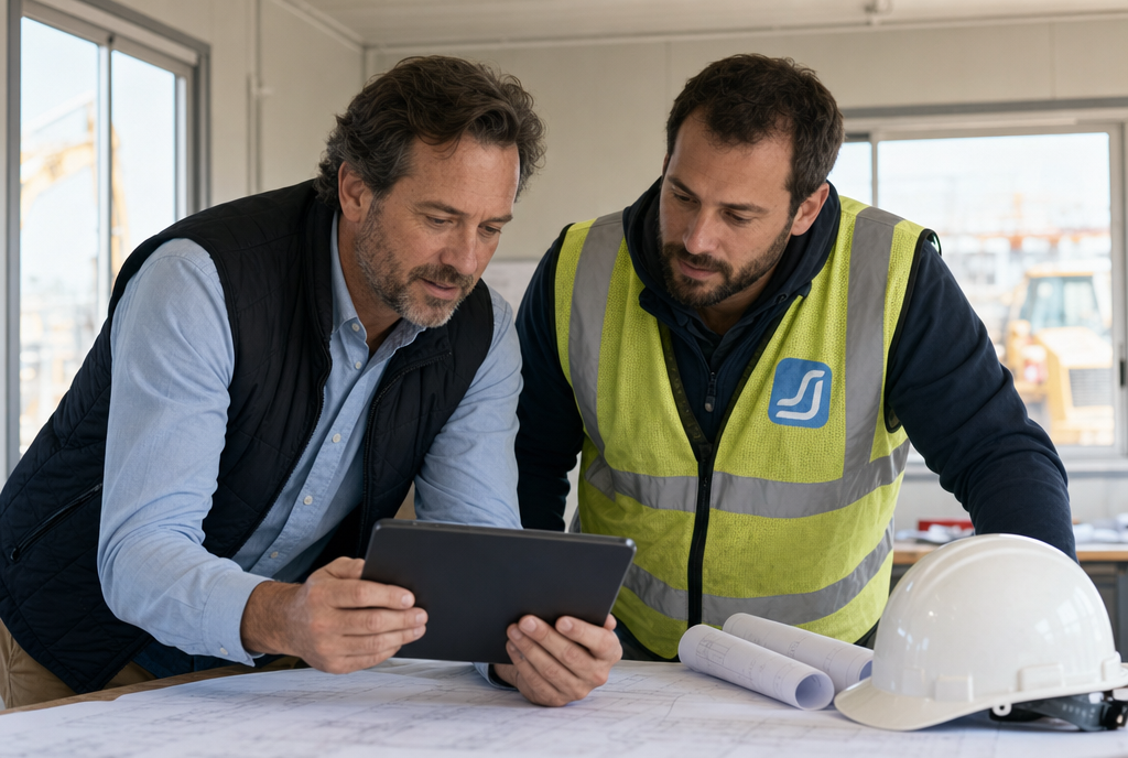 PM and foreman reviewing a tablet at the plan table