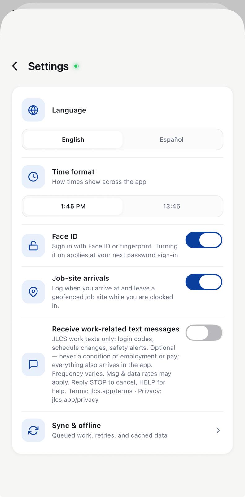 JLCS app Settings screen: the Work texts consent toggle in its default OFF state, with the full disclosure text shown beneath it.