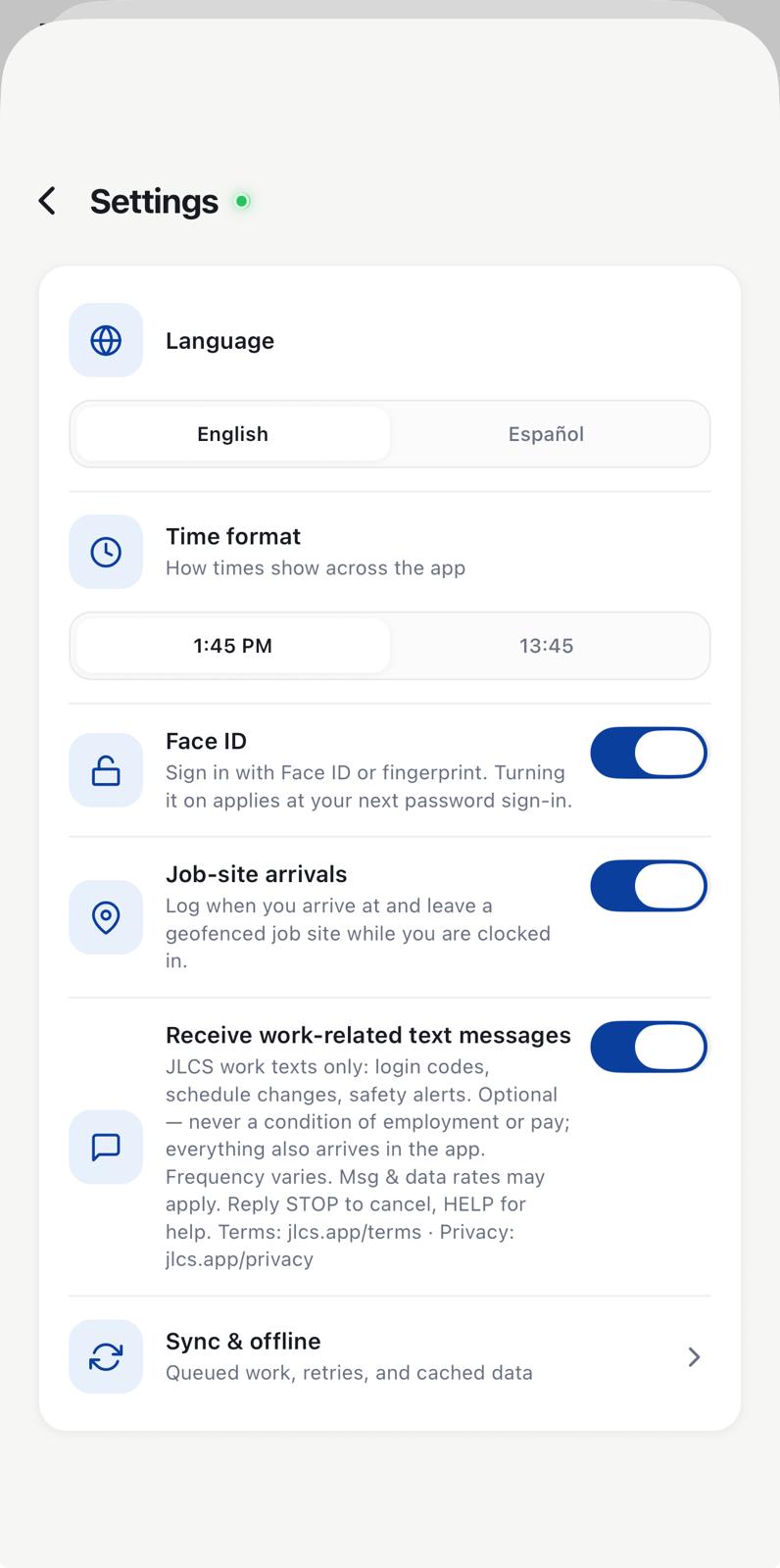 JLCS app Settings screen: the Work texts consent toggle after the employee has actively enabled it.