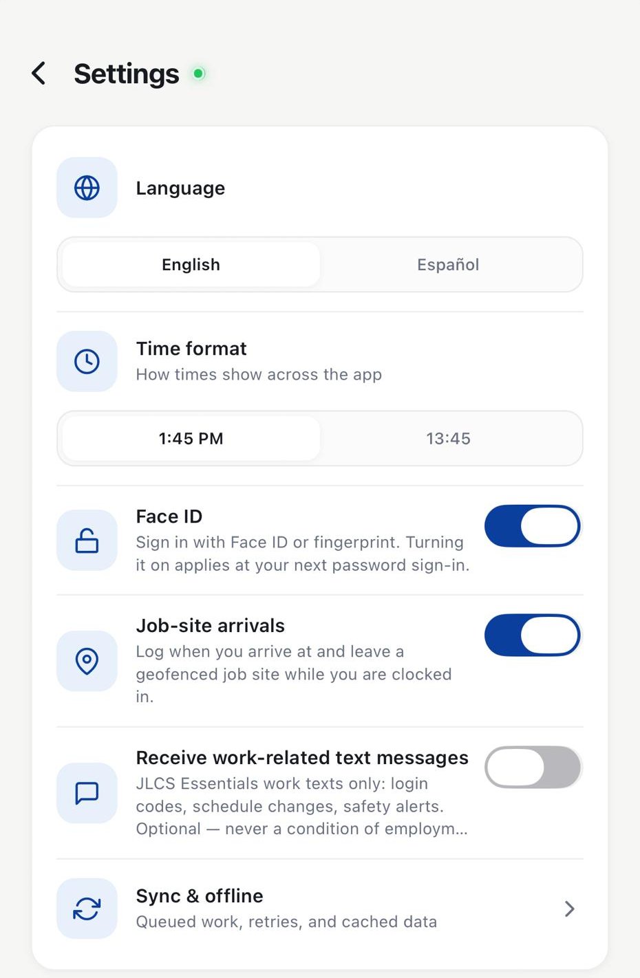 Screenshot of the JLCS Essentials employee app Settings screen. The 'Receive work-related text messages' toggle is off, with the SMS disclosure caption beneath it.
